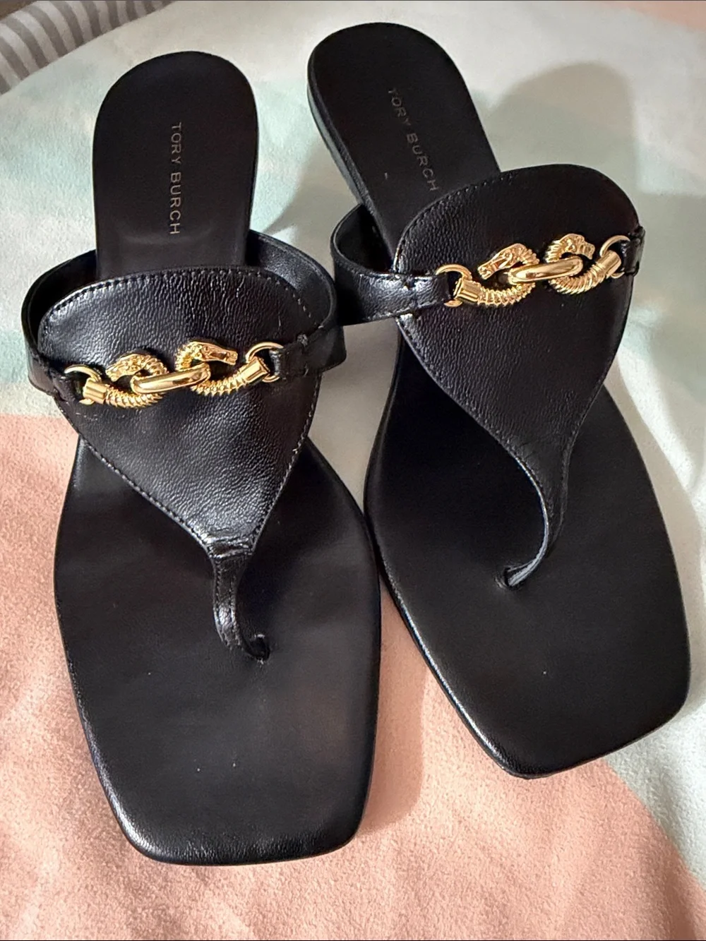 Tory Burch Black Leather Thong Sandals with Gold Chain Detail